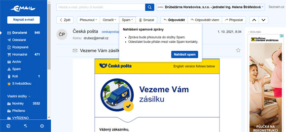 Email marketing - možnost označení zprávy jako spam v rozhraní freemailu Email.cz.