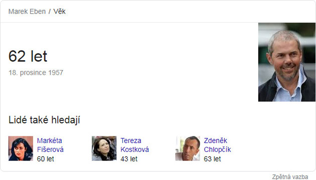 Knowledge Graph panel zobrazený na frázi „marek eben věk“