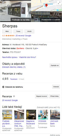 Knowledge Graph panel zobrazujcíí data firmy na frázi „sherpas“